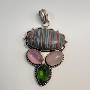 Artisan Handmade Pendant with Red and Green Striped Agate Rose Quartz & Peridot